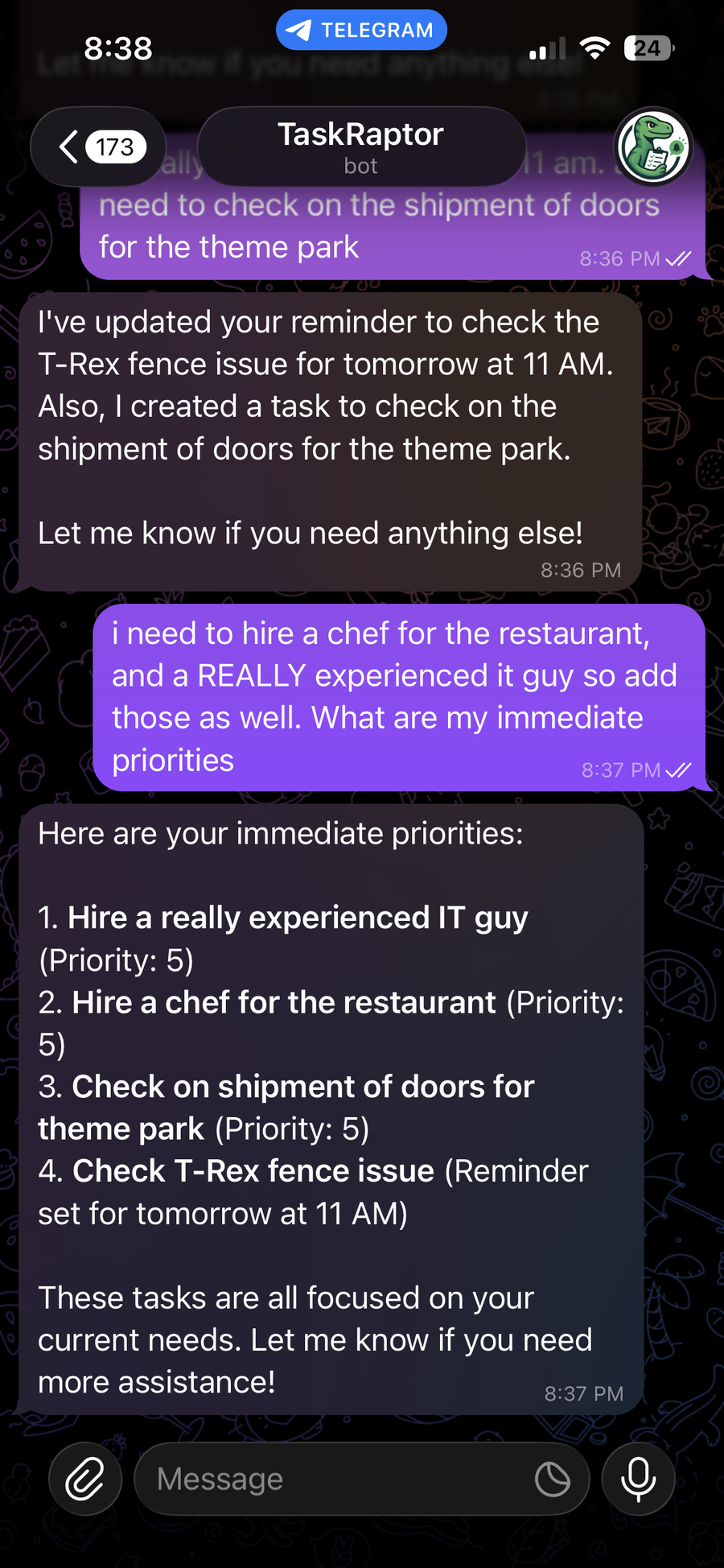 TaskRaptor chat in Telegram